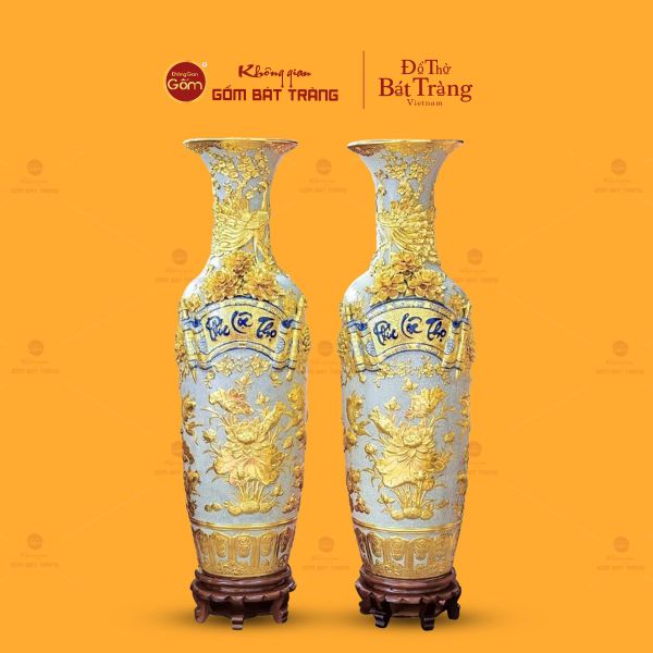Lộc Bình Men Rạn Phúc Lộc Thọ Đắp Nổi Dát Vàng
