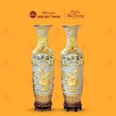 Lộc Bình Men Rạn Phúc Lộc Thọ Đắp Nổi Dát Vàng
