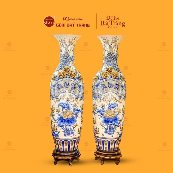 Lộc Bình Men Hoàng Thổ Phúc Lộc Thọ Đắp Nổi