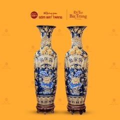 Lộc Bình Men Xanh Coban Phúc Lộc Thọ Đắp Nổi Vẽ Vàng