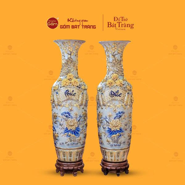 Lộc Bình Men Rạn Phúc Đức Đắp Nổi Vẽ Vàng