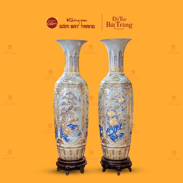 Lộc Bình Men Rạn Tứ Cảnh Đắp Nổi Vẽ Vàng