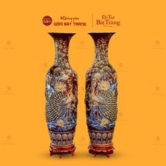 Lộc Bình Men Nâu Công Đào Đắp Nổi Vẽ Vàng