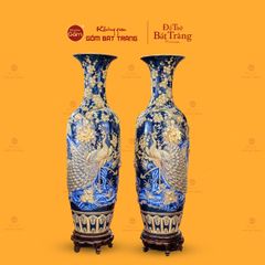 Lộc Bình Men Xanh Coban Công Đào Đắp Nổi Vẽ Vàng
