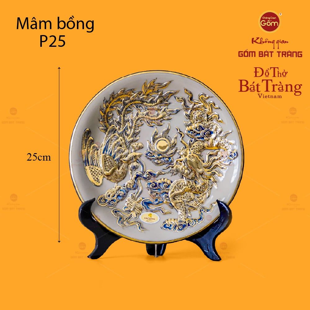 Mâm Bồng Men Hoàng Tộc Vẽ Vàng Họa Tiết Long Phụng Trình Tường