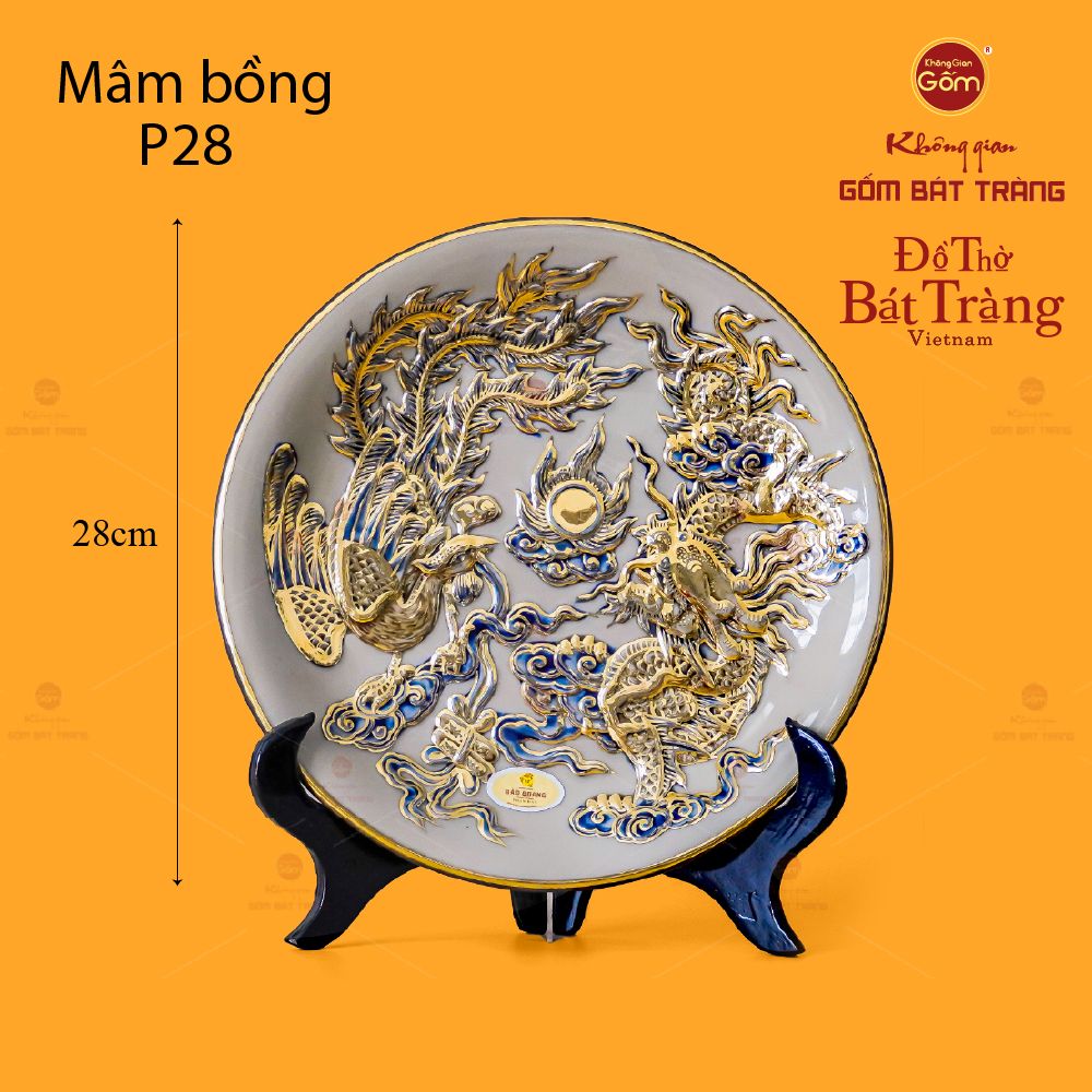 Mâm Bồng Men Hoàng Tộc Vẽ Vàng Họa Tiết Long Phụng Trình Tường