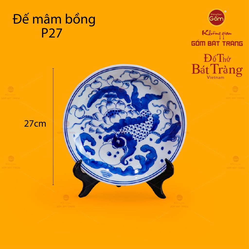 Mâm Bồng Men Lam Họa Tiết Lý Ngư Vọng Nguyệt