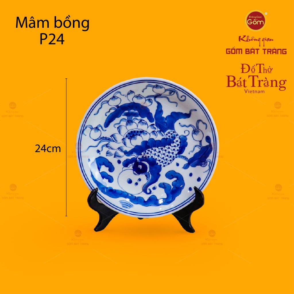 Mâm Bồng Men Lam Họa Tiết Lý Ngư Vọng Nguyệt