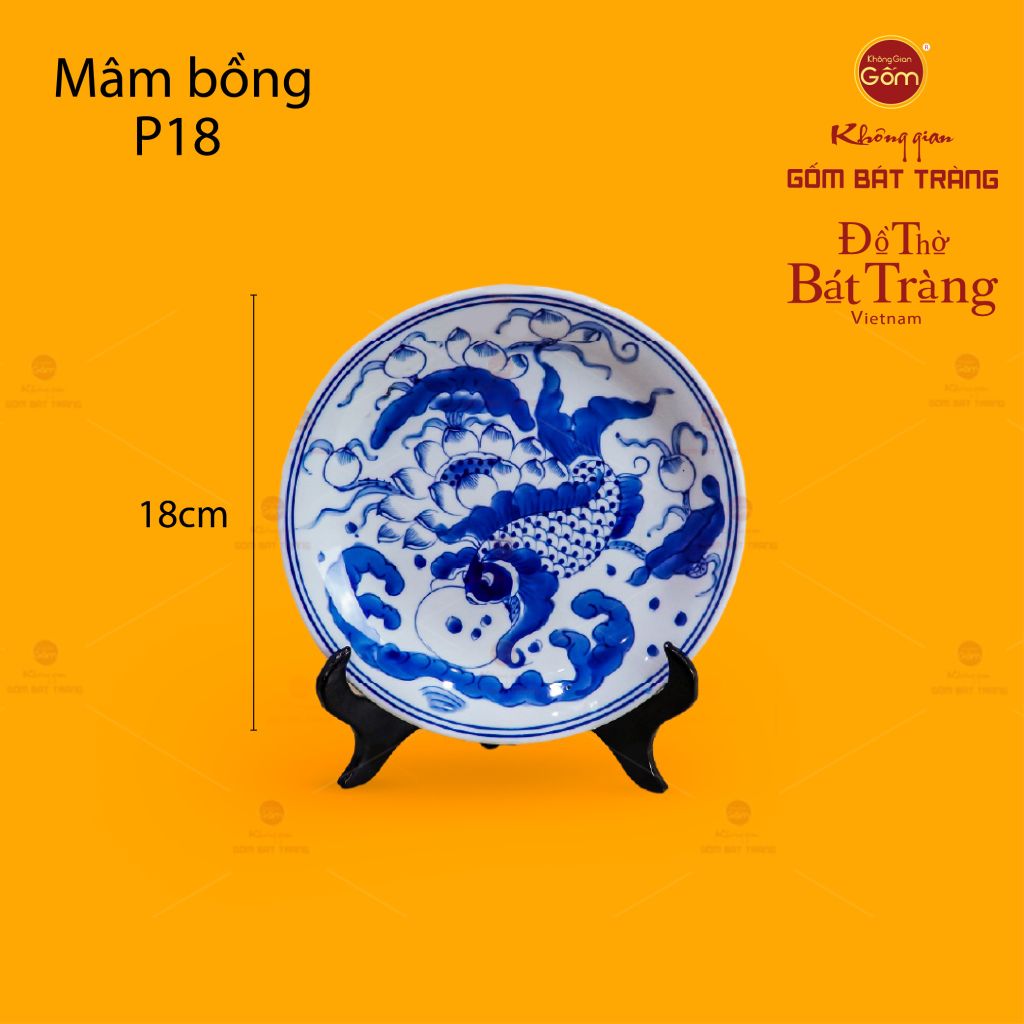 Mâm Bồng Men Lam Họa Tiết Lý Ngư Vọng Nguyệt