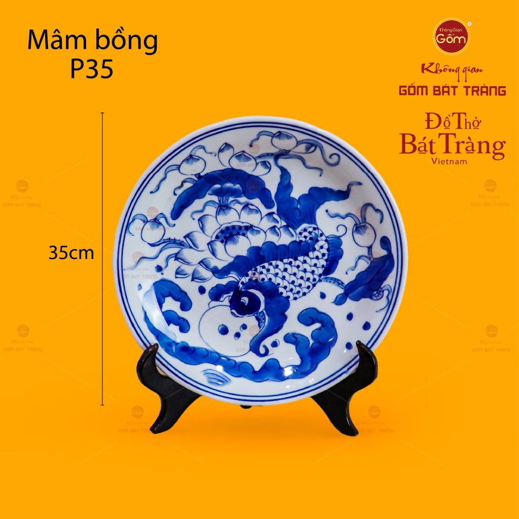 Mâm Bồng Men Lam Họa Tiết Lý Ngư Vọng Nguyệt