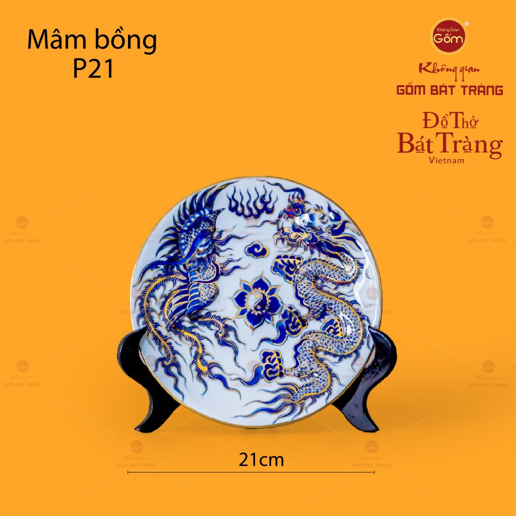 Mâm Bồng Men Lam Nổi Long Phụng Trình Tường Vẽ Vàng