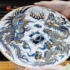Mâm Bồng Men Lam Nổi Long Phụng Trình Tường Vẽ Vàng