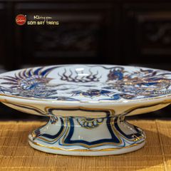 Mâm Bồng Men Lam Nổi Long Phụng Trình Tường Vẽ Vàng