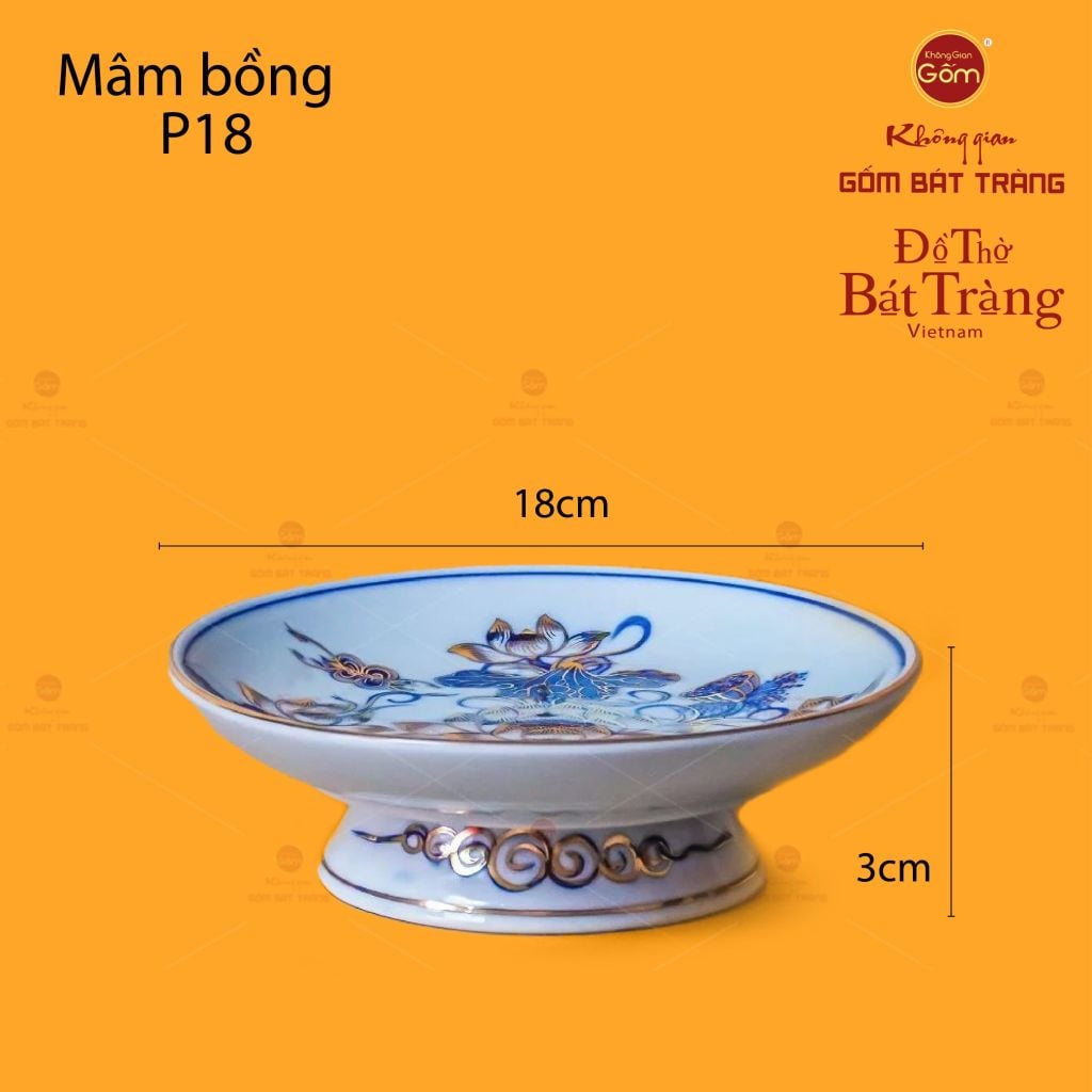 Mâm Bồng Men Lam Vẽ Vàng Họa Tiết Hoa Sen