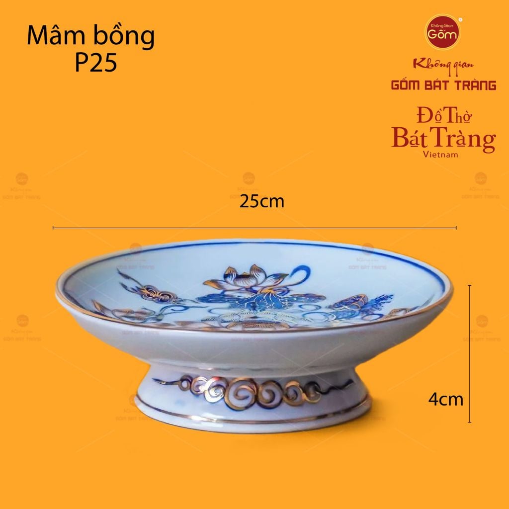 Mâm Bồng Men Lam Vẽ Vàng Họa Tiết Hoa Sen