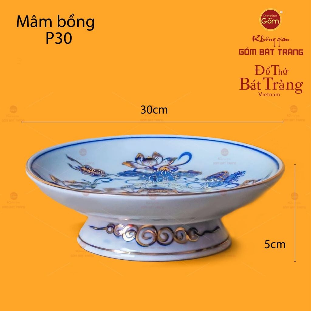 Mâm Bồng Men Lam Vẽ Vàng Họa Tiết Hoa Sen