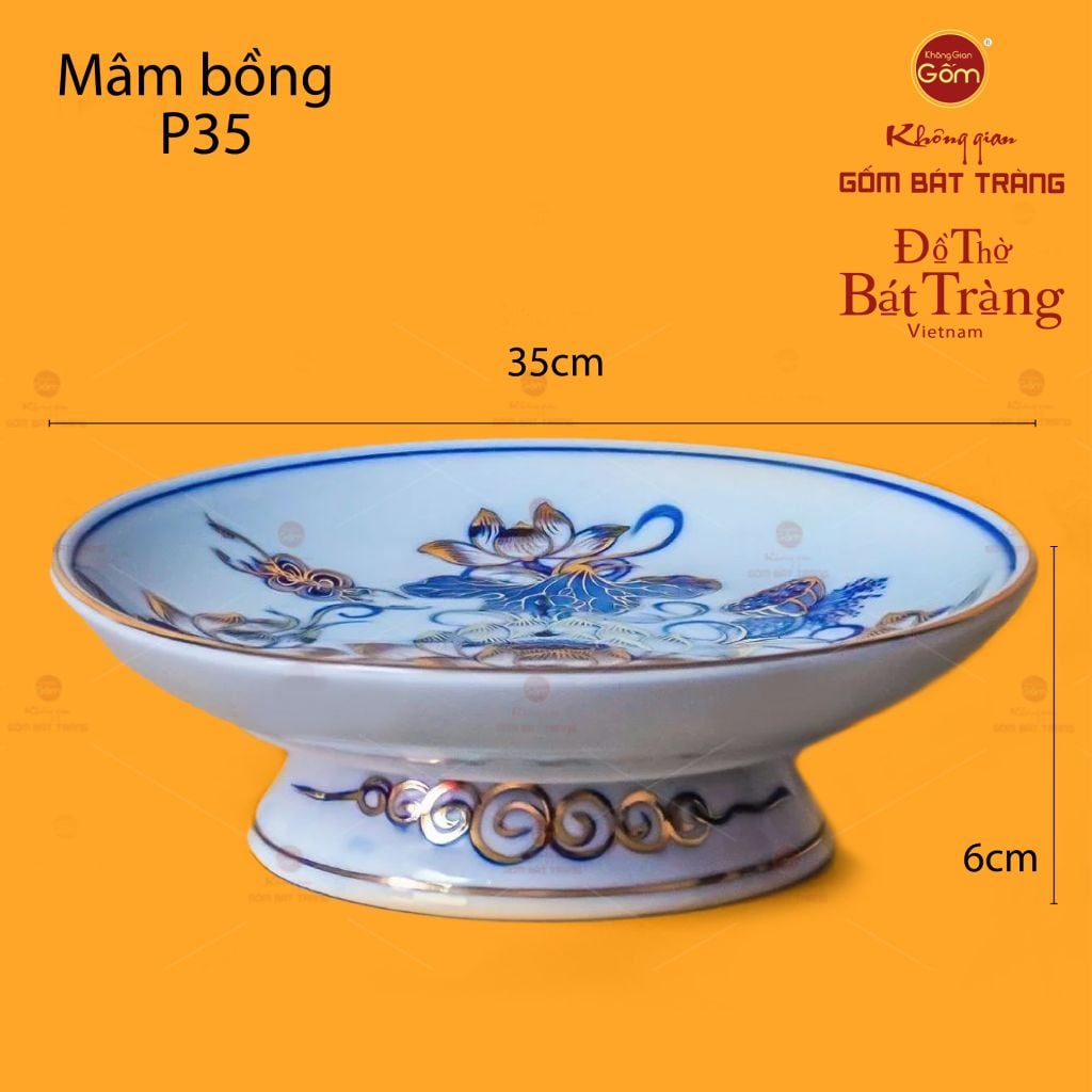 Mâm Bồng Men Lam Vẽ Vàng Họa Tiết Hoa Sen