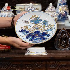Mâm Bồng Men Lam Vẽ Vàng Họa Tiết Hoa Sen