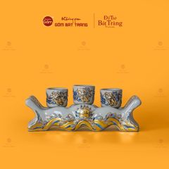 Bộ Kỷ Ngai 3 Chén Men Hoàng Tộc Vẽ Vàng Họa Tiết Cuốn Thư