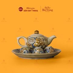 Bộ Ấm 3 Chén Thờ Men Hoàng Thổ Vẽ Vàng Họa Tiết Cuốn Thư