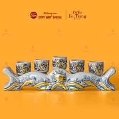 Bộ Kỷ Ngai 5 Chén Men Hoàng Tộc Vẽ Vàng Họa Tiết Cuốn Thư