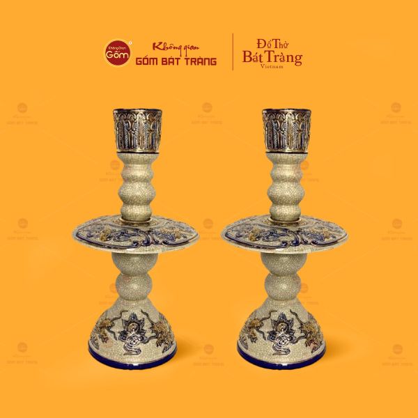 Chân Nến Thờ Men Rạn Vẽ Vàng