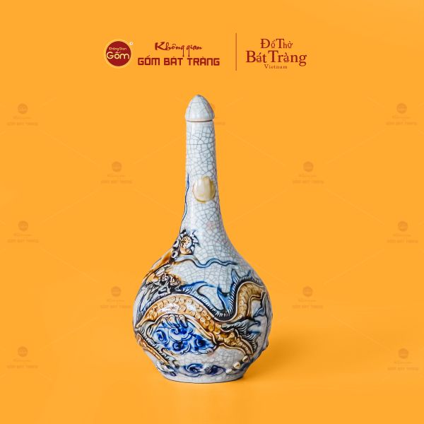 Nậm Rượu Thờ Men Rạn Họa Tiết Kim Long Chầu Nhật