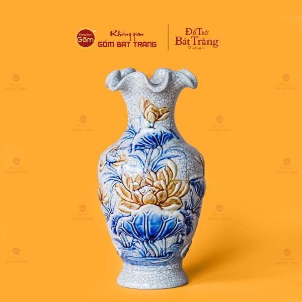 Lọ Hoa Miệng Lượn Men Rạn Họa Tiết Kim Liên