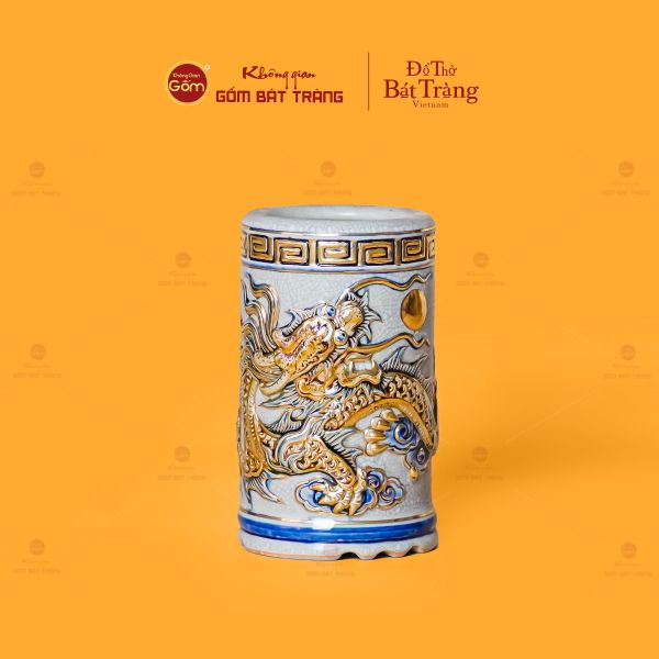 Ống Hương Thờ Kim Long Chầu Nhật Men Rạn Vẽ Vàng