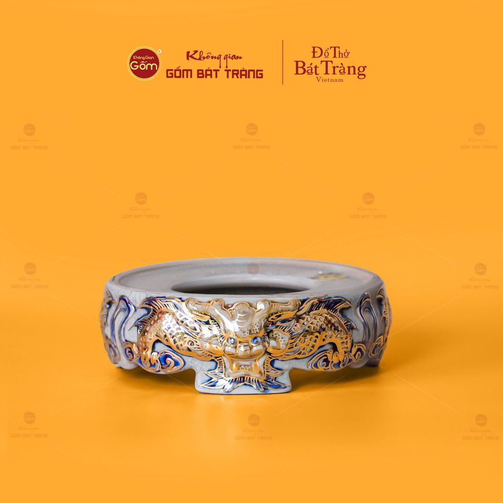 Bát Hương Song Long Chầu Nguyệt Men Rạn Vẽ Vàng