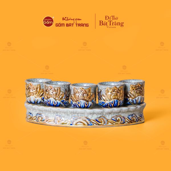 Bộ Kỷ 5 Chén Thờ Cong Men Rạn Vẽ Vàng