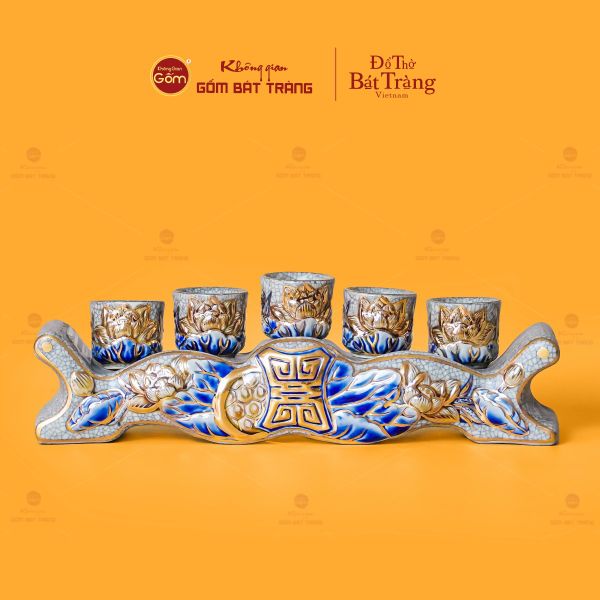 Bộ Kỷ Ngai 5 Chén Thờ Men Rạn Vẽ Vàng