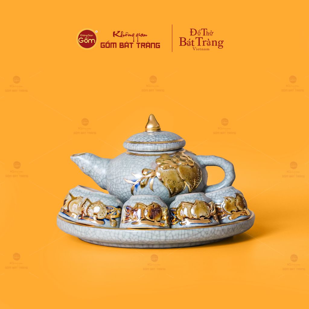 Bộ Ấm Chén Thờ Men Rạn Vẽ Vàng