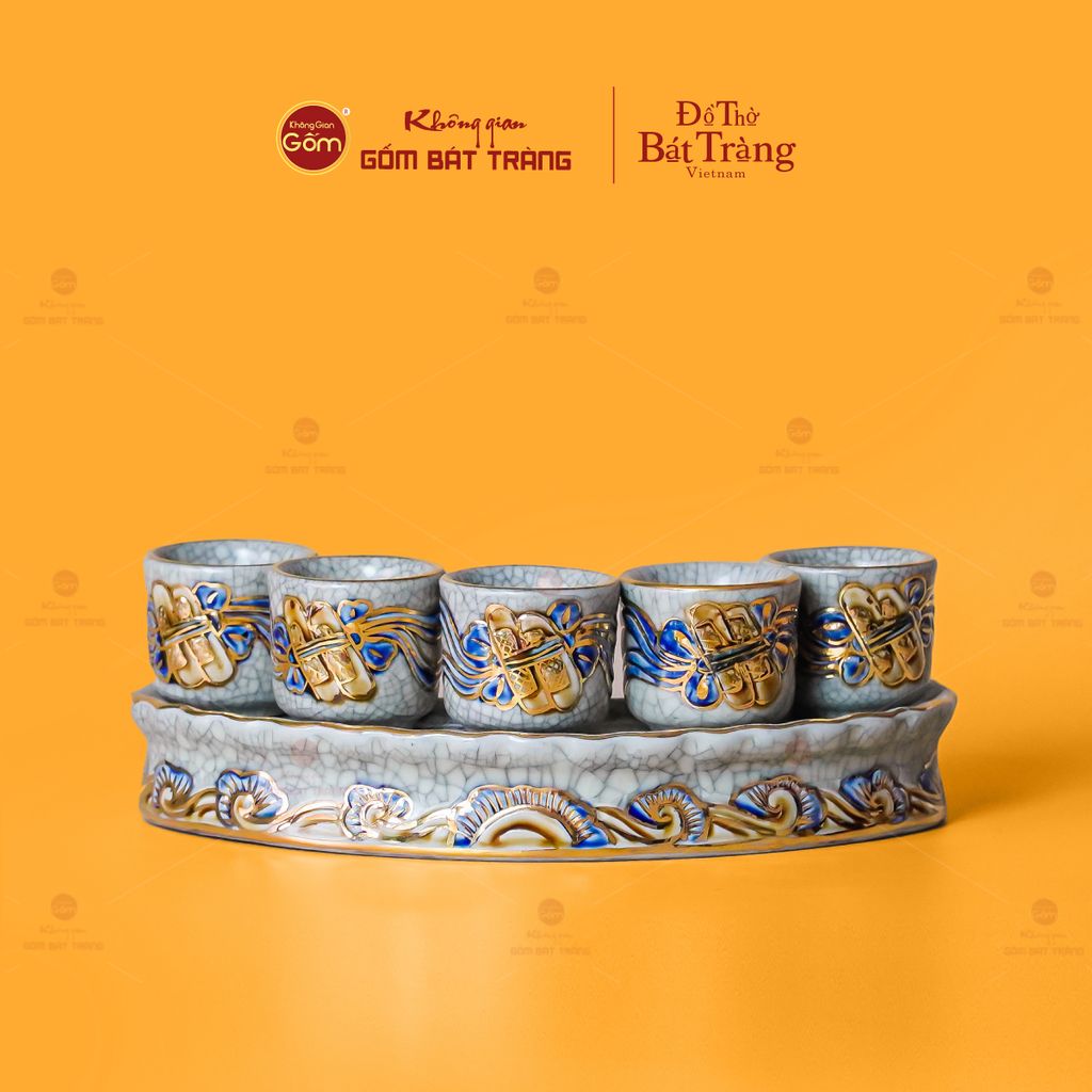 Bộ Kỷ 5 Chén Thờ Cong Men Rạn Vẽ Vàng