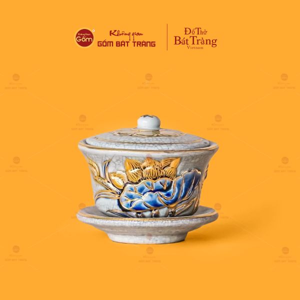 Bát Sâm Thờ Hoa Sen Men Rạn Vẽ Vàng