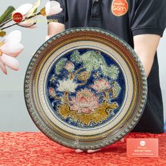 Đĩa Trưng Bày Đắp Nổi Vẽ Màu Hoa Sen