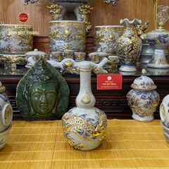 Nậm Rượu Thờ Kim Long Chầu Nhật Men Rạn Vẽ Vàng