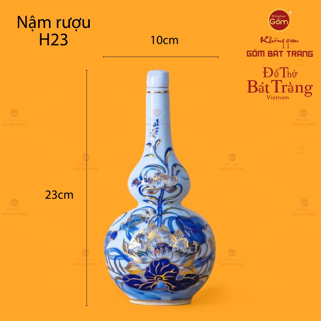 Nậm Rượu Men Lam Vẽ Vàng Họa Tiết Hoa Sen