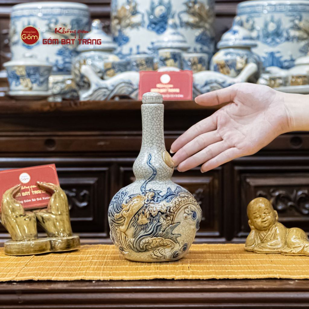 Nậm Rượu Thờ Hai Bầu Men Rạn Họa Tiết Rồng Chầu Nhật