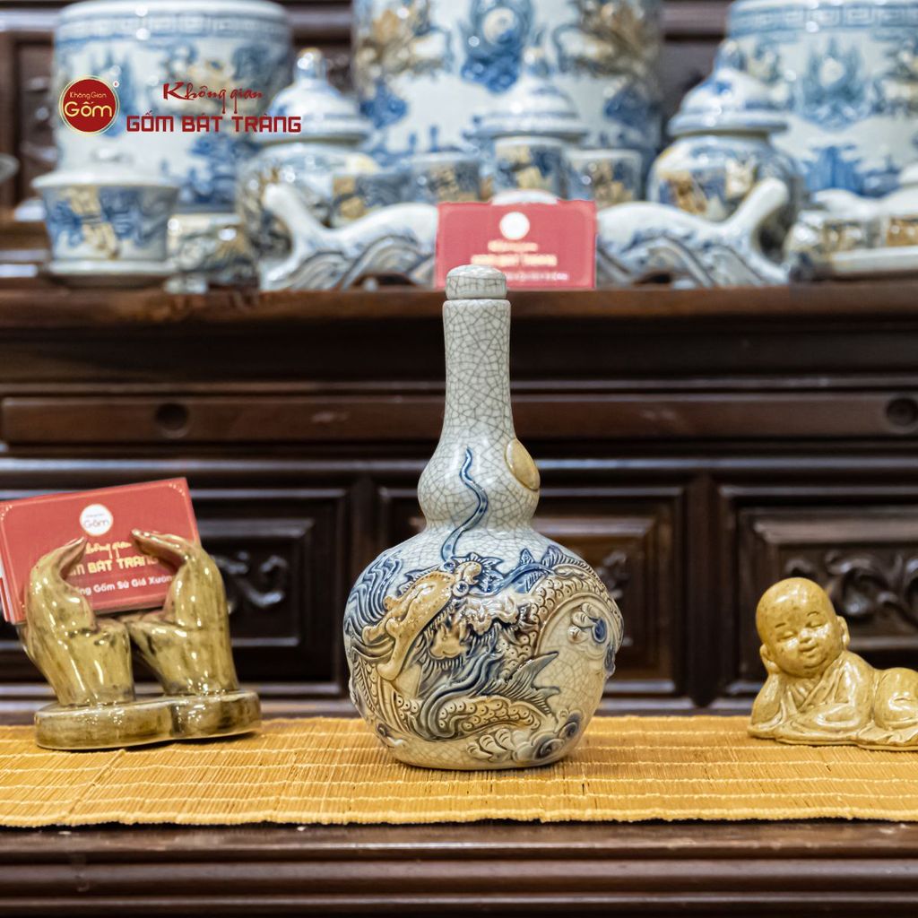 Nậm Rượu Thờ Hai Bầu Men Rạn Họa Tiết Rồng Chầu Nhật