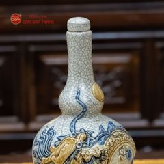Nậm Rượu Thờ Hai Bầu Men Rạn Họa Tiết Rồng Chầu Nhật