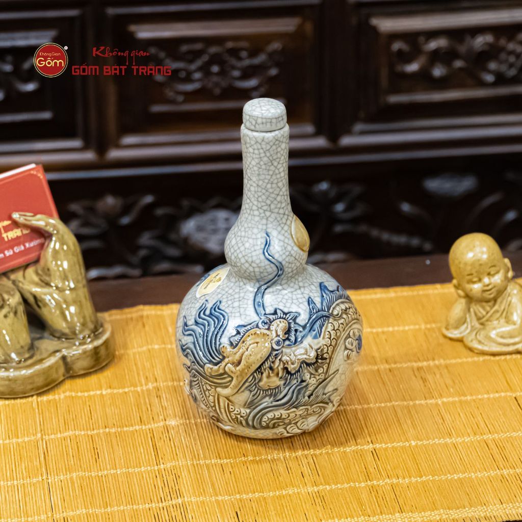 Nậm Rượu Thờ Hai Bầu Men Rạn Họa Tiết Rồng Chầu Nhật