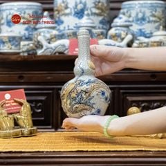 Nậm Rượu Thờ Hai Bầu Men Rạn Họa Tiết Rồng Chầu Nhật
