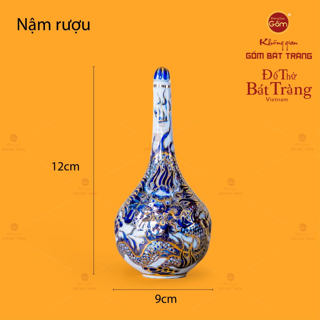 Nậm Rượu Thờ Men Lam Nổi Độc Long Vẽ Vàng