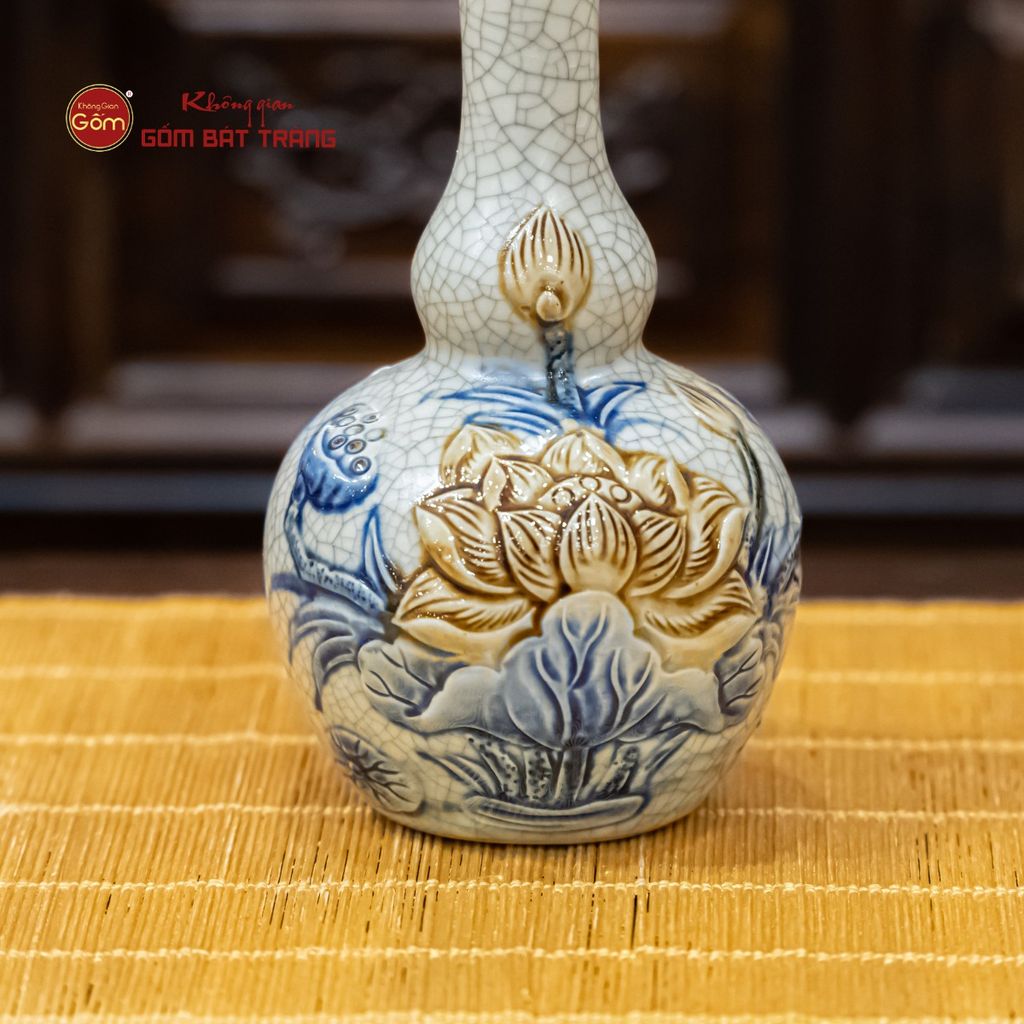 Nậm Rượu Thờ Hai Bầu Men Rạn Họa Tiết Hoa Sen