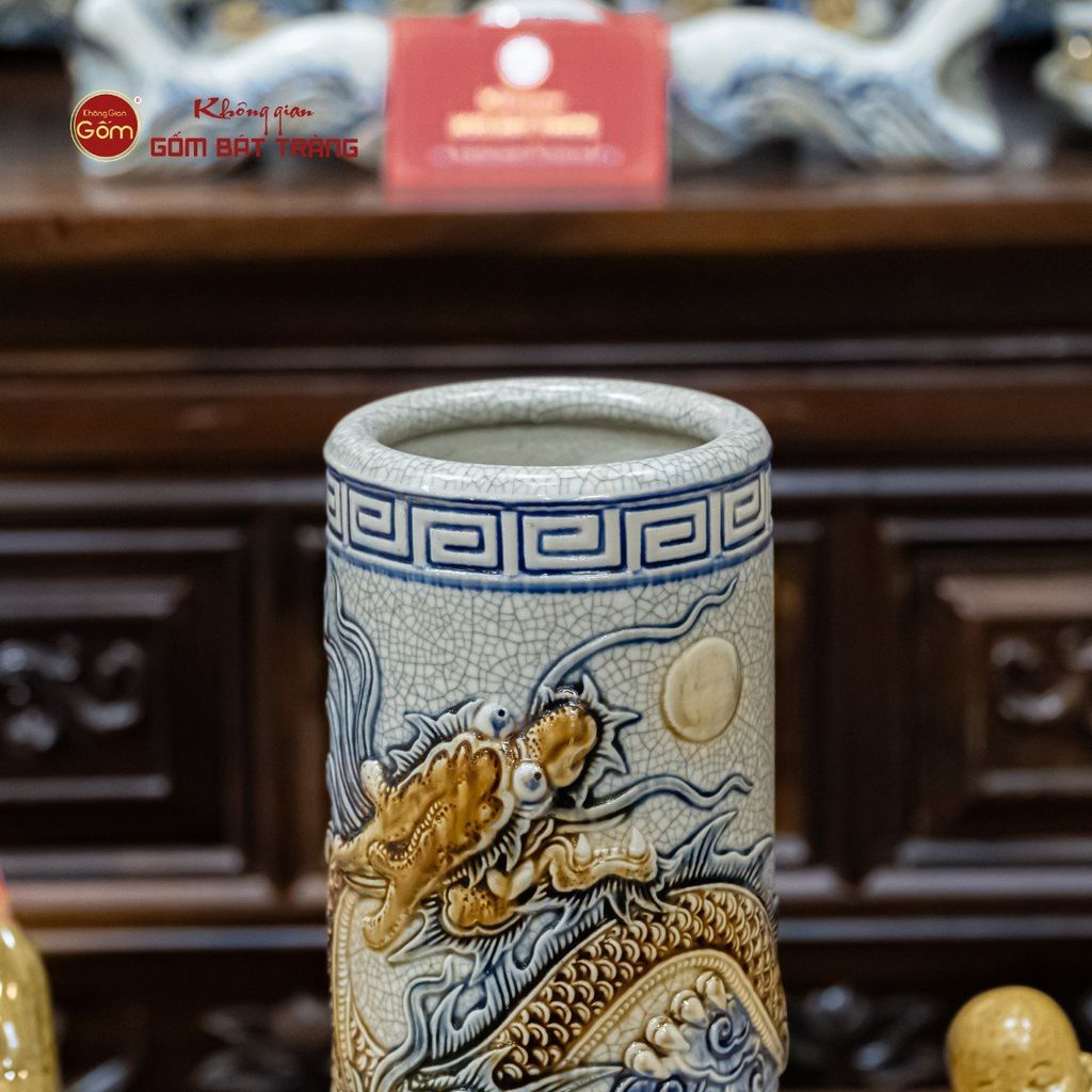 Ống Hương Men Rạn Họa Tiết Rồng Chầu Nhật