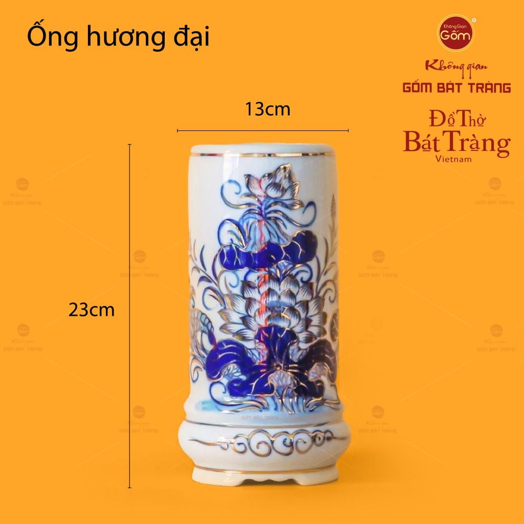 Ống Hương Thờ Kèm Đế Men Lam Vẽ Vàng Họa Tiết Hoa Sen