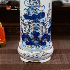 Ống Hương Thờ Kèm Đế Men Lam Vẽ Vàng Họa Tiết Hoa Sen