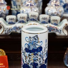 Ống Hương Thờ Kèm Đế Men Lam Vẽ Vàng Họa Tiết Hoa Sen