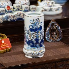 Ống Hương Thờ Kèm Đế Men Lam Vẽ Vàng Họa Tiết Hoa Sen